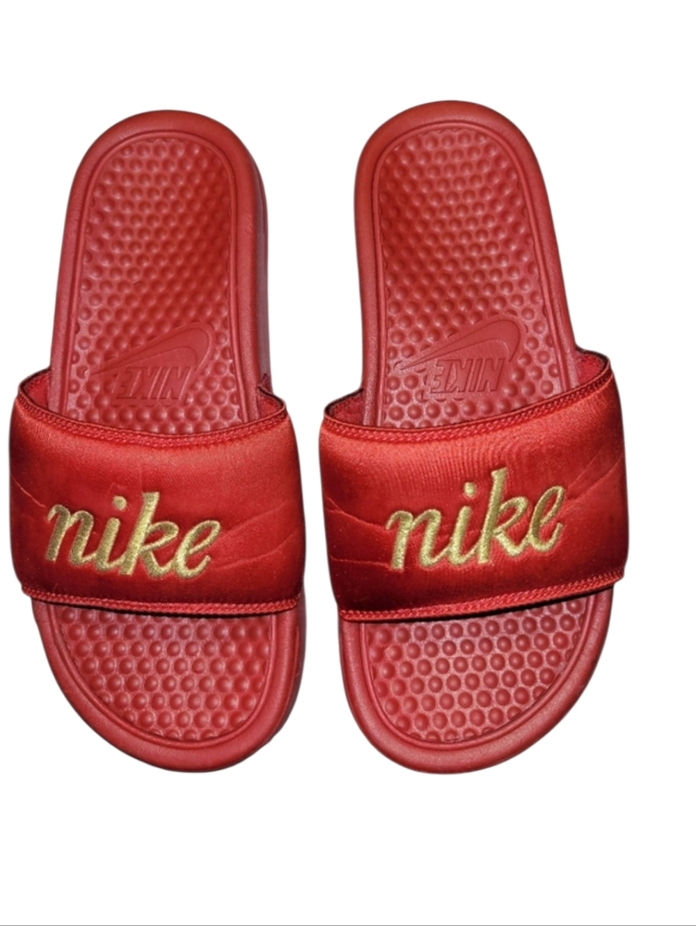 Women's Nike Benassi JDI TXT SE Red Slides Gold Logo Detail Size 5